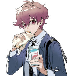 Rule 34 | 1boy, alexis ness, black necktie, blue jacket, blue lock, collared shirt, eating, food, hands up, holding, holding carton, holding food, jacket, long sleeves, looking at viewer, male focus, milk carton, necktie, red eyes, red hair, sandwich, shirt, shizuka000217, short hair, simple background, solo, upper body, white background, white shirt