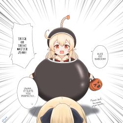 Rule 34 | 2girls, :d, ahoge, alternate costume, basket, blonde hair, bomb, bow, commentary, english commentary, english text, explosive, fuse, genshin impact, hair between eyes, hair bow, hair ribbon, halloween costume, highres, holding, holding basket, jack-o&#039;-lantern, jean (genshin impact), klee (genshin impact), light brown hair, long hair, long sleeves, looking at another, looking at viewer, low twintails, multiple girls, open mouth, orange eyes, out of frame, outstretched arms, pointy ears, ponytail, ribbon, sidelocks, simple background, smile, speech bubble, spread arms, stryx, twintails, white background