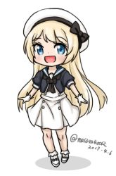 Rule 34 | 1girl, a (phrase), blonde hair, blue eyes, blue sailor collar, dated, dress, gloves, hat, jervis (kancolle), kantai collection, masara (chuujou), open mouth, sailor collar, sailor dress, sailor hat, short sleeves, simple background, smile, solo, twitter username, white background, white dress, white gloves, white hat