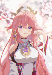 Rule 34 | 1girl, absurdres, adjusting hair, animal ears, blurry, cherry blossoms, commentary request, depth of field, detached sleeves, earrings, fox ears, fox girl, genshin impact, hair between eyes, hair ornament, highres, japanese clothes, jewelry, long hair, long sleeves, looking at viewer, necklace, nontraditional miko, pink hair, purple eyes, sidelocks, smile, solo, vision (genshin impact), wide sleeves, yae miko, yazawa yuki