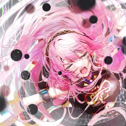 Rule 34 | 1girl, closed eyes, commentary, double lariat (vocaloid), headset, highres, long hair, megurine luka, open mouth, outstretched arms, pafufu, pink hair, sleeveless, solo, spread arms, tears, vocaloid