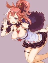 Rule 34 | 1girl, between breasts, bracelet, breasts, cleavage, crown, disgaea, frilled skirt, frills, highres, jewelry, looking at viewer, makai penguin, makai senki disgaea 5, necktie, necktie between breasts, one eye closed, open mouth, ponytail, red eyes, red hair, seraphina (disgaea), short hair, skirt, solo