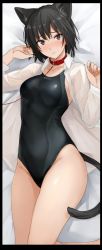 Rule 34 | 1girl, amagami, animal collar, animal ear fluff, animal ears, bad id, bad twitter id, bed sheet, black hair, black one-piece swimsuit, blush, breasts, brown eyes, cat ears, cat tail, collar, commentary request, competition swimsuit, fake animal ears, highres, kemonomimi mode, leash, looking at viewer, lying, medium breasts, mobu, nanasaki ai, on back, one-piece swimsuit, open clothes, open shirt, red collar, shirt, short hair, solo, swimsuit, tail, thighs, white shirt