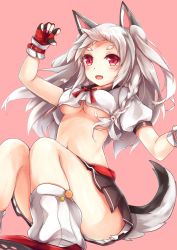 Rule 34 | 1girl, :d, animal ears, arm up, azur lane, black gloves, black skirt, blush, braid, breasts, buckle, claws, crop top, crop top overhang, fang, fingerless gloves, forehead, foreshortening, fox ears, fox tail, gloves, kashiwagi yamine, knees together feet apart, knees up, long hair, looking at viewer, loose socks, medium breasts, miniskirt, multicolored nails, nail polish, navel, no bra, open mouth, pink background, pleated skirt, puffy short sleeves, puffy sleeves, red eyes, short sleeves, side braid, silver hair, simple background, sitting, skirt, smile, socks, solo, tail, tareme, thick eyebrows, thighs, underboob, white socks, yuudachi (azur lane)