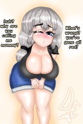Rule 34 | 1girl, absurdres, black skirt, blue eyes, blue shorts, blush, breasts, cleavage, cleavage cutout, clothing cutout, darkechiiarts, denim, female focus, grey hair, hanging breasts, highres, huge breasts, jeans, large breasts, leaning forward, legs, long hair, low ponytail, mature female, one eye closed, pants, ponytail, shiny skin, shorts, skirt, solo, speech bubble, standing, thick thighs, thighs, uzaki-chan wa asobitai!, uzaki tsuki, wide hips