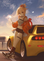 Rule 34 | 1girl, absurdres, alternate costume, black footwear, black shorts, blonde hair, butterfly choker, car, casual, chest tattoo, choker, cloud, collarbone, commentary, contemporary, crescent moon, fireworks, full body, genshin impact, grin, hand in pocket, high tops, highres, holding fireworks, jacket, juffles, long hair, long sleeves, looking at viewer, mazda, mazda rx-7, mazda rx-7 fd, moon, motor vehicle, navel, nike (company), open clothes, open jacket, orange eyes, orange jacket, orange nails, outdoors, ponytail, puffy long sleeves, puffy sleeves, red choker, shoes, shorts, smile, sneakers, solo, sparkler, tattoo, thigh strap, two-tone footwear, white footwear, yoimiya (genshin impact)