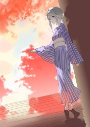 Rule 34 | 1girl, absurdres, arm at side, autumn leaves, barefoot, breasts, brown eyes, full body, grey hair, hair bun, hair ornament, highres, japanese clothes, kimono, leaf, long hair, looking at viewer, maple leaf, mo011010, obi, original, outstretched arm, parted lips, purple kimono, sash, shadow, sidelocks, small breasts, solo, striped clothes, striped kimono, vertical-striped clothes, vertical-striped kimono, wide sleeves, wooden floor