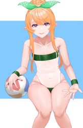 Rule 34 | ball, beachball, breasts, brown eyes, cleavage, commentary, covered navel, english commentary, green ribbon, gris swimsuit, hair bun, hair ribbon, highres, invisible chair, meme attire, nijisanji, nijisanji en, open hand, pointy ears, pomu rainpuff, ribbon, see-through, see-through one-piece swimsuit, single hair bun, sitting, small breasts, smile, solo, swimsuit, virtual youtuber, wide hips, wristband, zikade