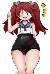 Rule 34 | 10s, 1girl, :3, arm behind back, bad id, bad pixiv id, covered navel, crop top, eyebrows, flat chest, hand up, kantai collection, one-piece swimsuit, plump, red eyes, red hair, ryuujou (kancolle), school swimsuit, school swimsuit flap, solo, swimsuit, swimsuit under clothes, thick thighs, thighs, twintails, yukinojou yakan