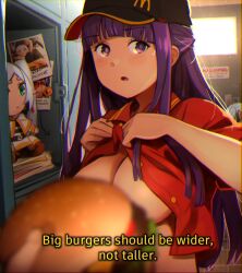 Rule 34 | 1other, 2girls, absurdres, artist self-reference, baseball cap, blunt bangs, blurry, blurry foreground, blush, breasts, burger, character doll, convenient censoring, english text, fern (sousou no frieren), food, frieren, green eyes, grey hair, hat, highres, khyle., large breasts, long hair, looking at viewer, mcdonald&#039;s, multiple girls, open mouth, pov, pov hands, purple eyes, purple hair, solo focus, sousou no frieren, subtitled, sweatdrop
