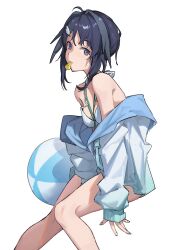 Rule 34 | 1girl, arknights, ball, bare shoulders, beachball, bikini, black eyes, black hair, breasts, closed mouth, feet out of frame, hair ornament, hairclip, highres, invisible chair, jacket, ken rqll, la pluma (arknights), la pluma (summer flowers) (arknights), looking at viewer, medium hair, mouth hold, off shoulder, simple background, sitting, small breasts, solo, swimsuit, whistle, white background, white bikini, white jacket