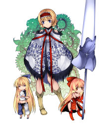 Rule 34 | 3girls, :&lt;, alice margatroid, aoshima, armor, bare shoulders, blonde hair, blue eyes, blue footwear, blue pants, blue ribbon, boots, breasts, brooch, brown footwear, choker, cleavage, clothing cutout, commentary request, crop top, doll joints, dress, flower, frilled hairband, frills, full body, fur trim, gauntlets, greaves, hair ribbon, hairband, highres, hourai doll, jewelry, joints, lance, lolita hairband, long hair, looking at viewer, medium breasts, midriff, multicolored clothes, multicolored pants, multiple girls, navel, pants, pelvic curtain, polearm, poncho, red choker, red dress, red eyes, red footwear, red hairband, red neckwear, red ribbon, ribbon, shanghai doll, shirt, shoes, short hair, shoulder cutout, simple background, sleeveless, sleeveless shirt, smile, standing, stomach, strapless, strapless dress, thighs, touhou, very long hair, weapon, white background, white pants, white ribbon, white shirt