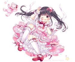 Rule 34 | 1girl, ;d, animal ears, arm up, bear ears, black eyes, black hair, bloomers, blush, bow, bowtie, character name, commentary request, dress, footwear bow, frilled dress, frilled sleeves, frilled socks, frills, full body, hair bow, hand up, kneehighs, knees up, layered dress, lolita fashion, long hair, looking at viewer, one eye closed, open mouth, petticoat, pinafore dress, pink dress, puffy short sleeves, puffy sleeves, puu (kari---ume), real life, red bow, red footwear, ribbon-trimmed legwear, ribbon-trimmed sleeves, ribbon trim, shoes, short sleeves, sidelocks, simple background, sleeveless dress, smile, socks, solo, star (symbol), stuffed animal, stuffed toy, sweet lolita, takenaka nozomi, teddy bear, twintails, twitter username, typo, underwear, white background, white socks, wrist cuffs