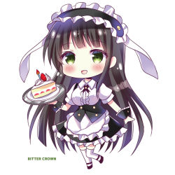 Rule 34 | 1girl, :d, animal ears, artist name, bitter crown, black footwear, black hair, black hairband, black skirt, blush, breasts, cake, cake slice, candle, center frills, chibi, collared shirt, commentary request, fake animal ears, fire, fleur de lapin uniform, floppy ears, food, frilled hairband, frilled skirt, frills, fruit, full body, gochuumon wa usagi desu ka?, green eyes, hairband, holding, holding tray, large breasts, looking at viewer, open mouth, puffy short sleeves, puffy sleeves, rabbit ears, shirt, shoes, short sleeves, simple background, skirt, smile, solo, standing, standing on one leg, strawberry, suspender skirt, suspenders, thighhighs, tray, ujimatsu chiya, uniform, waitress, white background, white shirt, white thighhighs, wrist cuffs