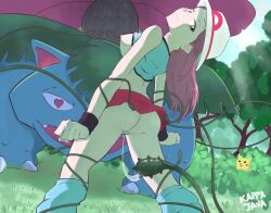 Rule 34 | 1girl, ass, brown hair, cleft of venus, clenched hands, clothing aside, creatures (company), forest, game freak, gen 1 pokemon, hat, heart, heart-shaped pupils, highres, kappajava, leaf (pokemon), leg warmers, long hair, looking back, meme, nature, nintendo, nipples, no panties, pikachu, plant, pokemon, pokemon frlg, pussy, shirt, signature, skirt, smile, standing, surprised pikachu (meme), symbol-shaped pupils, venusaur, vines, wristband