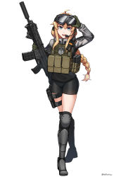 Rule 34 | 1girl, :d, absurdres, ahoge, arm up, armored boots, artist name, bike shorts, black shorts, black thighhighs, blonde hair, blue eyes, blush, boots, braid, commentary request, crossed legs, cz 805 bren, cz bren-2 br, ear protection, elcan scope, full body, girls&#039; frontline, gloves, goggles, goggles on head, green gloves, grey jacket, griffin &amp; kryuger, gun, hair between eyes, hair intakes, headset, highres, holding, holding gun, holding weapon, jacket, knee pads, long hair, long sleeves, looking at viewer, md5 mismatch, ndtwofives, open mouth, resolution mismatch, short shorts, shorts, simple background, single braid, smile, solo, source larger, standing, suppressor, thighhighs, twitter username, very long hair, virtual youtuber, weapon, whiskey project, white background
