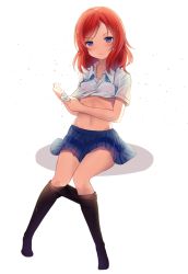 Rule 34 | 1girl, blush, clothes lift, clothes pull, commentary, english commentary, hitsukuya, looking at viewer, love live!, love live! school idol project, midriff, navel, necktie, nishikino maki, otonokizaka school uniform, pantyhose, pantyhose pull, purple eyes, red hair, school uniform, shirt lift, short hair, solo, wet, wet clothes, wringing clothes