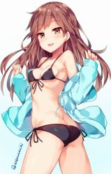 Rule 34 | 1girl, arashio (kancolle), ass, bikini, bikini under clothes, black bikini, blush, breasts, brown eyes, brown hair, butt crack, commentary request, gradient background, highres, kantai collection, long hair, looking back, navel, open mouth, small breasts, smile, solo, swimsuit, swimsuit under clothes, twitter username, unacchi (nyusankin)