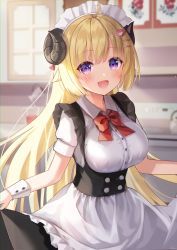 Rule 34 | 1girl, :d, absurdres, ahoge, alternate costume, apron, blonde hair, blurry, blurry background, blush, bow, bowtie, breasts, commentary, curled horns, detached sleeves, dress, enmaided, fuyoyo, hair ornament, hairclip, highres, hololive, horns, indoors, large breasts, long hair, looking at viewer, maid, maid headdress, open mouth, purple eyes, red bow, red bowtie, sheep girl, sheep horns, short sleeves, sidelocks, skirt hold, smile, solo, taut clothes, tsunomaki watame, underbust, virtual youtuber, white wrist cuffs, wrist cuffs