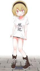 Rule 34 | 1girl, black shorts, blonde hair, blush, boots, breasts, full body, hair ornament, hairband, highres, jashin-chan dropkick, looking at viewer, open mouth, pekora (jashin-chan dropkick), sat-c, shirt, short hair, shorts, simple background, small breasts, smile, solo, standing, sweatdrop, white background, white shirt