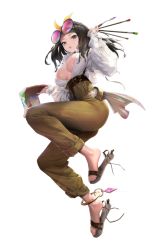 Rule 34 | black hair, breasts, brown pants, cleavage, destiny child, glasses, hair ribbon, large breasts, looking at viewer, open clothes, paint, paintbrush, pants, puffy sleeves, ribbon, sandals, tagme, transparent background, underboob, wodan (destiny child)
