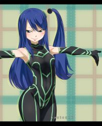 Rule 34 | 1girl, blue hair, blush, bodysuit, breasts, detached ponytail, eden&#039;s zero, elbow gloves, gaston18, gloves, green eyes, highres, labilia christy, navel, side ponytail, skin tight, sleeveless, small breasts, striped, wide hips