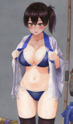 Rule 34 | 1girl, bikini, bikini under clothes, black thighhighs, blue bikini, blush, bow (weapon), breasts, brown eyes, brown hair, collarbone, kaga (kancolle), kantai collection, large breasts, navel, open clothes, open shirt, painting (medium), parted lips, shijukara (great tit), side-tie bikini bottom, side ponytail, skindentation, solo, sweat, swimsuit, thighhighs, traditional media, undressing, veins, veiny breasts, watercolor (medium), weapon