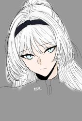 Rule 34 | 1girl, absurdres, an-94 (girls&#039; frontline), black hairband, blue eyes, closed mouth, elitesnakeeyes, girls&#039; frontline, grey background, hairband, highres, long hair, ponytail, solo, unfinished, upper body, white hair