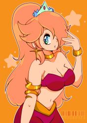 Rule 34 | 1girl, absurdres, armlet, blonde hair, blue eyes, bracelet, breasts, choker, cleavage, collarbone, cosplay, cresscin, crown, dancer, hair over one eye, harem outfit, highres, jewelry, large breasts, long hair, looking at viewer, mario (series), midriff, navel, nintendo, orange background, pants, parted lips, ponytail, princess, red pants, red shirt, rosalina, shantae, shantae (cosplay), shantae (series), shirt, standing, star (symbol), starry background, strapless, super mario galaxy, teeth, tube top, wayforward