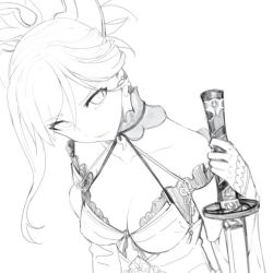 Rule 34 | 1girl, bare shoulders, breasts, bridal gauntlets, cleavage, collar, commentary request, fate/grand order, fate (series), greyscale, hair between eyes, holding, holding sword, holding weapon, japanese clothes, kimono, long hair, looking at viewer, magatama, medium breasts, miyamoto musashi (fate), miyamoto musashi (third ascension) (fate), monochrome, ponytail, sketch, sleeveless, sleeveless kimono, solo, sword, unfinished, upper body, walzrj, weapon