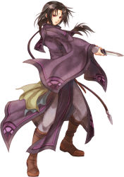 Rule 34 | 1boy, black hair, boots, brown footwear, capelet, facial mark, fire emblem, fire emblem: path of radiance, forehead mark, full body, head tilt, holding, holding knife, holding weapon, knife, long hair, long sleeves, looking at viewer, low ponytail, male focus, nemupon (goodlucky), nintendo, open mouth, pants, purple capelet, purple robe, red eyes, robe, sidelocks, simple background, soren (fire emblem), standing, weapon, white background, white pants, wide sleeves