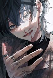 Rule 34 | 1boy, absurdres, bishounen, blood, blood drip, blood from mouth, blood stain, commentary request, eyelashes, floral print, grey eyes, grey hair, grey jacket, half-closed eyes, hand tattoo, hand up, highres, jacket, jewelry, looking at viewer, male focus, multiple rings, nosebleed, open mouth, original, pink lips, ring, sidelighting, solo, tattoo, upper body, xxx akc