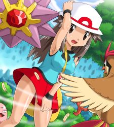 Rule 34 | 00s, 1girl, breasts, brown eyes, brown hair, clothes lift, covered erect nipples, creatures (company), exeggcute, game freak, gen 1 pokemon, hat, leaf (pokemon), lowres, miniskirt, nintendo, pidgeotto, pokemoa, pokemon, pokemon (creature), pokemon frlg, porkpie hat, skirt, skirt lift, small breasts, starmie, tamatama, upskirt, wind, wind lift
