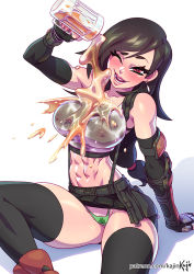 Rule 34 | abs, alcohol, arm guards, arm support, beer, beer mug, black hair, black skirt, black thighhighs, breasts, brown eyes, clover print, covered erect nipples, cup, elbow gloves, female pubic hair, final fantasy, final fantasy vii, final fantasy vii remake, fingerless gloves, gloves, kajin (kajinman), long hair, low-tied long hair, mug, navel, pouring, pouring onto self, pubic hair, simple background, skirt, smile, solo, stomach, thighhighs, thong, tifa lockhart, wet, wet clothes