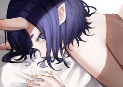 Rule 34 | 1girl, absurdres, bob cut, fate/grand order, fate (series), highres, horns, looking at viewer, lying, on stomach, oni, pointy ears, purple eyes, purple hair, san (harutuki 3), short eyebrows, short hair, shuten douji (fate), skin-covered horns, solo, topless