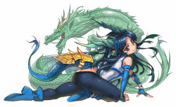 Rule 34 | 1girl, all fours, armor, ass, bare shoulders, black pantyhose, blue footwear, blue hair, boots, butt crack, china dress, chinese clothes, dragon, dragon girl, dragon horns, dragon tail, dress, fins, full body, hair ornament, head fins, horns, karin (p&amp;d), long hair, microdress, monster girl, pantyhose, puzzle &amp; dragons, red eyes, scales, short dress, simple background, skindentation, sleeveless, sleeveless dress, smile, solo, tail, try (lsc), white background