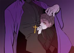 Rule 34 | 2boys, aged down, alternate universe, amakusa shirou (fate) (fanfic), bad id, bad pixiv id, brown hair, cross, cross necklace, emiya shirou, fate/stay night, fate (series), father and son, gradient background, j (onjj), jewelry, kotomine kirei, male focus, multiple boys, necklace, yellow eyes