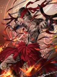 Rule 34 | 1boy, absurdres, angra mainyu (fate), black hair, chain, dual wielding, fate/hollow ataraxia, fate (series), full-body tattoo, headband, highres, holding, looking at viewer, male focus, messy hair, topless male, smile, solo, soucl, tattoo, verg avesta, yellow eyes