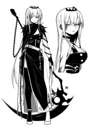 Rule 34 | 1girl, a:n (angrynum), belt, blunt bangs, breasts, buttons, chain, double-breasted, dress, full body, greyscale, high heels, highres, holding, holding scythe, hololive, hololive english, jitome, long hair, looking at viewer, monochrome, mori calliope, multiple views, nail polish, scythe, shoes, side slit, simple background, single thighhigh, sleeveless, sleeveless dress, slit pupils, thighhighs, tiara, upper body, veil, very long hair, virtual youtuber, white background