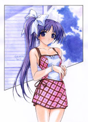 Rule 34 | 1girl, 2001, argyle, argyle clothes, argyle dress, argyle skirt, artist name, bad id, bangle, bare shoulders, blush, bow, bracelet, breasts, closed mouth, hair bow, hasumi elan, itou noemi, jewelry, long hair, looking at viewer, medium breasts, purple eyes, purple hair, shoulder strap, side ponytail, signature, skirt, solo, standing, white bow, with you