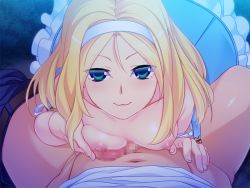 Rule 34 | 1girl, blonde hair, blue eyes, blush, bra, bra pull, breasts, censored, clothes pull, dress, game cg, hairband, legs, long hair, looking at viewer, nana g, nipples, onee-chan saimin before after, penis, small breasts, smile, thighs, underwear