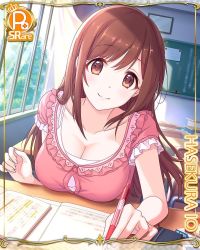 Rule 34 | 1girl, breast rest, breasts, breasts on table, brown eyes, brown hair, card (medium), chalkboard, cleavage, cygames, io (princess connect!), io (real) (princess connect!), large breasts, long hair, looking at viewer, official art, pen, princess connect!, smile, solo, split mouth, upper body, window