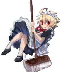 Rule 34 | ahoge, alternate costume, apron, bad id, bad pixiv id, blonde hair, broom, crossdressing, enmaided, kido hyde, lowres, maid, maid apron, male focus, mary janes, red eyes, shoes, short hair, socks, solo, under night in-birth, yusano
