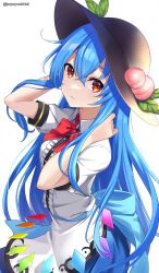 Rule 34 | 1girl, absurdres, black hat, blue hair, bow, bowtie, food, food on head, fruit on head, hat, highres, hinanawi tenshi, long hair, looking at viewer, object on head, red eyes, shirt, short sleeves, signature, simple background, solo, touhou, white background, white shirt, yoshinatsu