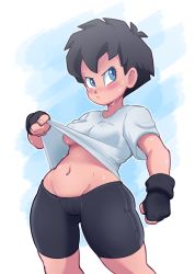 Rule 34 | 1girl, asymmetrical bangs, bike shorts, black gloves, black hair, blue background, blue eyes, blush, brachyartz, breasts, closed mouth, clothes lift, cowboy shot, dragonball z, fingerless gloves, gloves, gluteal fold, looking to the side, looking up, medium breasts, navel, no bra, shirt, shirt lift, short hair, short sleeves, skin tight, solo, standing, sweat, t-shirt, two-tone background, underboob, videl, white background, white shirt