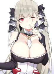 Rule 34 | 1girl, azur lane, bare shoulders, between breasts, black dress, blush, breasts, cleavage, collarbone, detached sleeves, dress, earrings, finger to mouth, formidable (azur lane), frilled dress, frills, gradient background, hair ornament, hair ribbon, hand up, ichiki 1, jewelry, large breasts, long hair, long sleeves, looking at viewer, maid, one eye closed, red eyes, ribbon, silver hair, smile, solo, twintails, upper body
