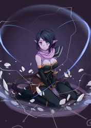 Rule 34 | 1girl, absurdres, bare shoulders, between legs, black gloves, black hair, blue eyes, breasts, cleavage, colored skin, dota (series), dota 2, elbow gloves, facial mark, forehead mark, frostcyco, gloves, hand between legs, highres, long hair, parted lips, pointy ears, ponytail, purple skin, scarf, shoulder pads, sitting, solo, templar assassin (dota), wariza