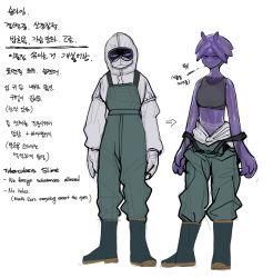 Rule 34 | 1girl, blue footwear, blue overalls, bodysuit, boots, bra, colored sclera, colored skin, contrapposto, english text, grey bra, hazmat suit, highres, jitome, korean text, looking at viewer, monster girl, multiple views, no mouth, original, overalls, purple sclera, purple skin, simple background, slime girl, sparrowl, sports bra, standing, tentacle hair, translation request, underwear, white background