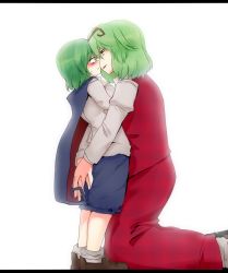 Rule 34 | 2girls, age difference, androgynous, antennae, bad id, bad pixiv id, blush, bow, cape, child, dress shirt, eye contact, female focus, green hair, height difference, hug, kazami yuuka, kneeling, letterboxed, looking at another, mizuga, multiple girls, onee-loli, pants, red eyes, shirt, short hair, size difference, skirt, sweat, touhou, unmoving pattern, wriggle nightbug, you gonna get raped, yuri