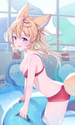 Rule 34 | 1girl, absurdres, ahoge, alternate costume, animal ear fluff, animal ears, bikini, blonde hair, blue hair, breasts, cleavage, commentary request, double-parted bangs, floating hair, fox ears, fox girl, fox tail, from side, hair between eyes, highres, holding, holding swim ring, hololive, innertube, kio is here, knees out of frame, large breasts, leaning forward, long hair, looking at viewer, multicolored hair, omaru polka, open mouth, pink hair, purple eyes, red bikini, solo, star-shaped pupils, star (symbol), streaked hair, swim ring, swimsuit, symbol-shaped pupils, tail, virtual youtuber, water slide, zain (omaru polka)